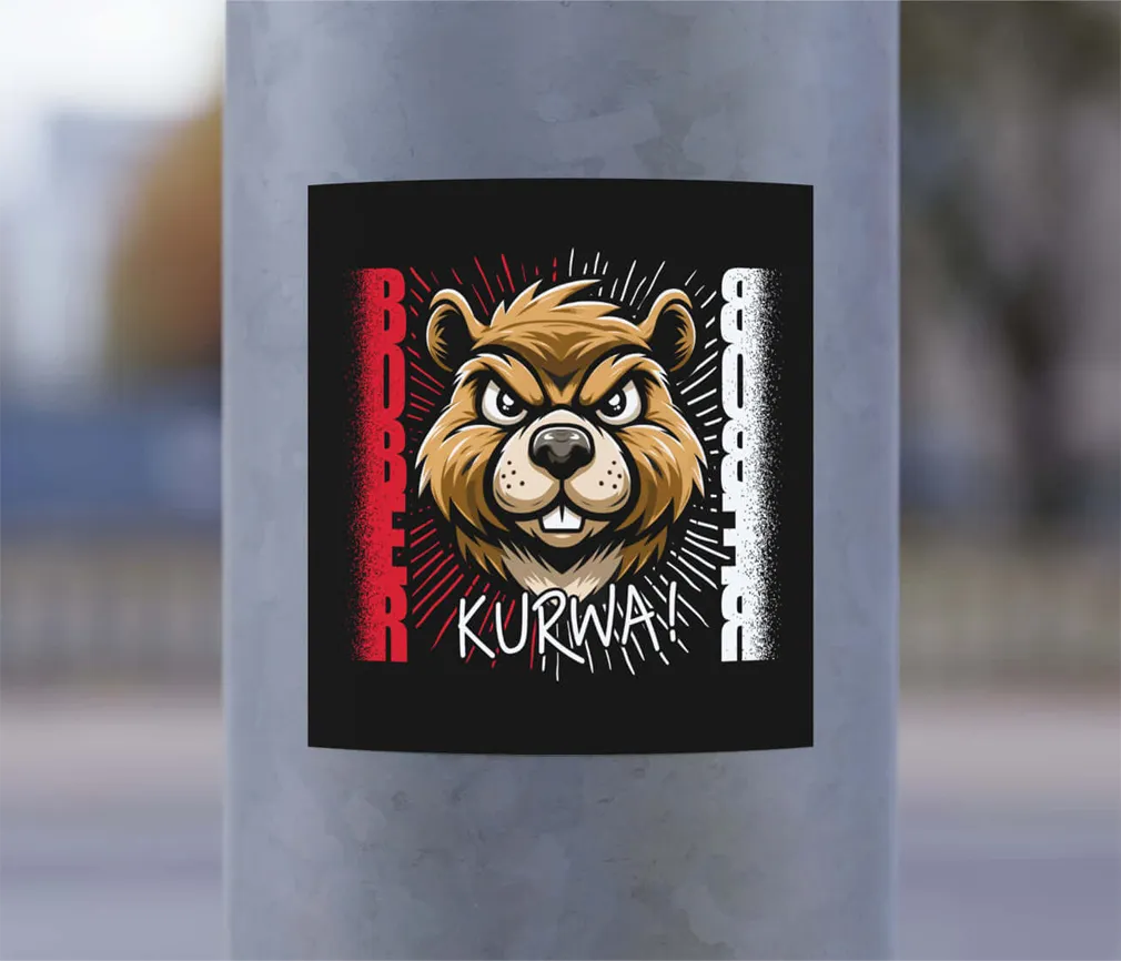 Bober Kurwa Sticker auf grauer Laterne im urbanen Raum, aggressives Design mit Biber und auffälligem Kontrast