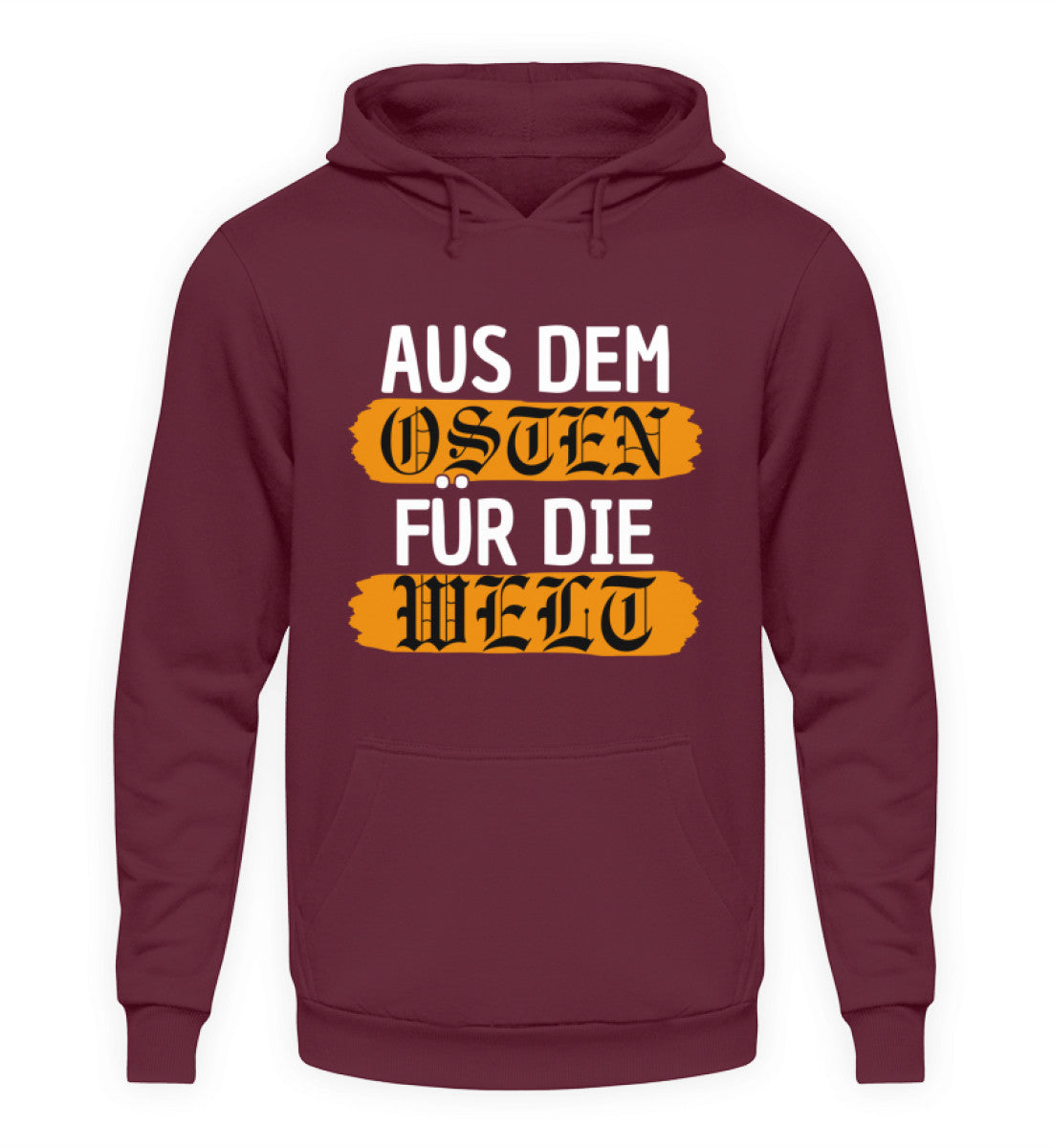 Osten Hoodie Herren in bordeaux mit Schriftzug "Aus dem Osten für die Welt" auf der Vorderseite.
