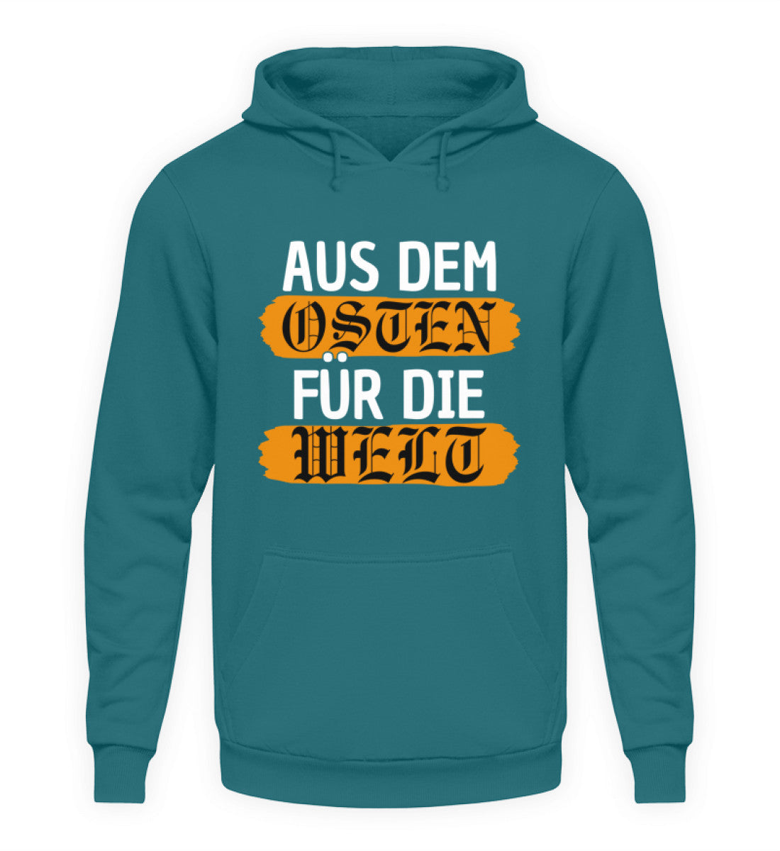 Osten Hoodie Herren – Aus dem Osten für die Welt | 280g, in teal color with bold text design.