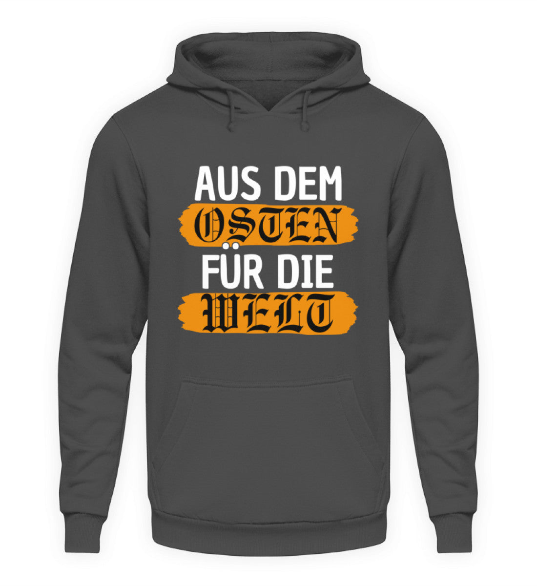 Osten Hoodie Herren – Aus dem Osten für die Welt mit grafischem Design auf einem grauen Hoodie.