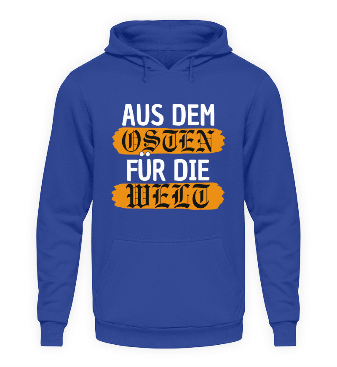 Osten Hoodie Herren in blau mit dem Schriftzug 'Aus dem Osten für die Welt' - warm und robust, ideal für Herren.