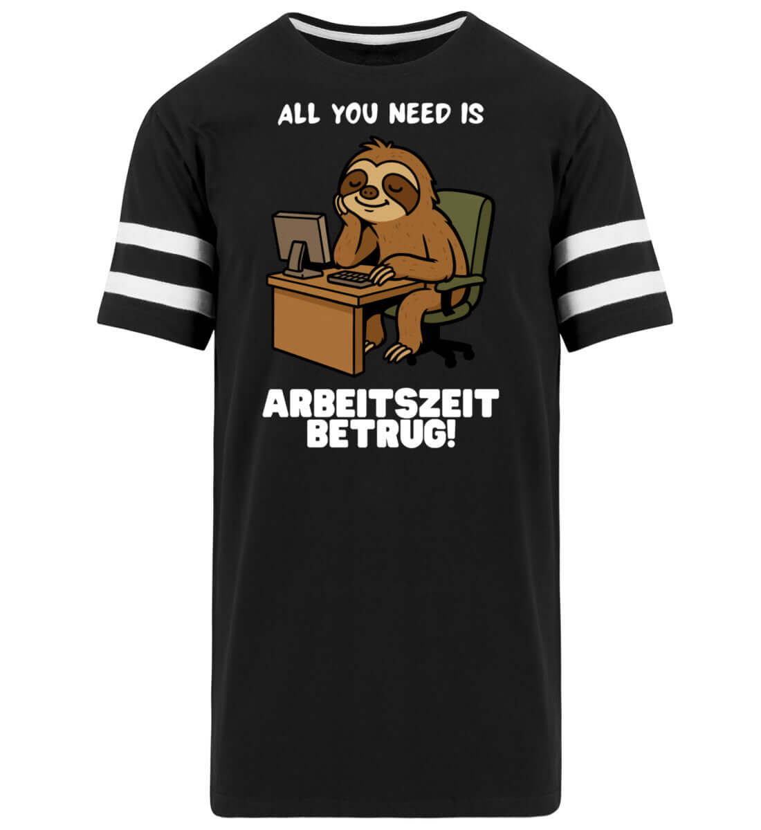 Schwarzes College-Shirt mit weißen Streifen und faulenzendem Faultier am Schreibtisch

