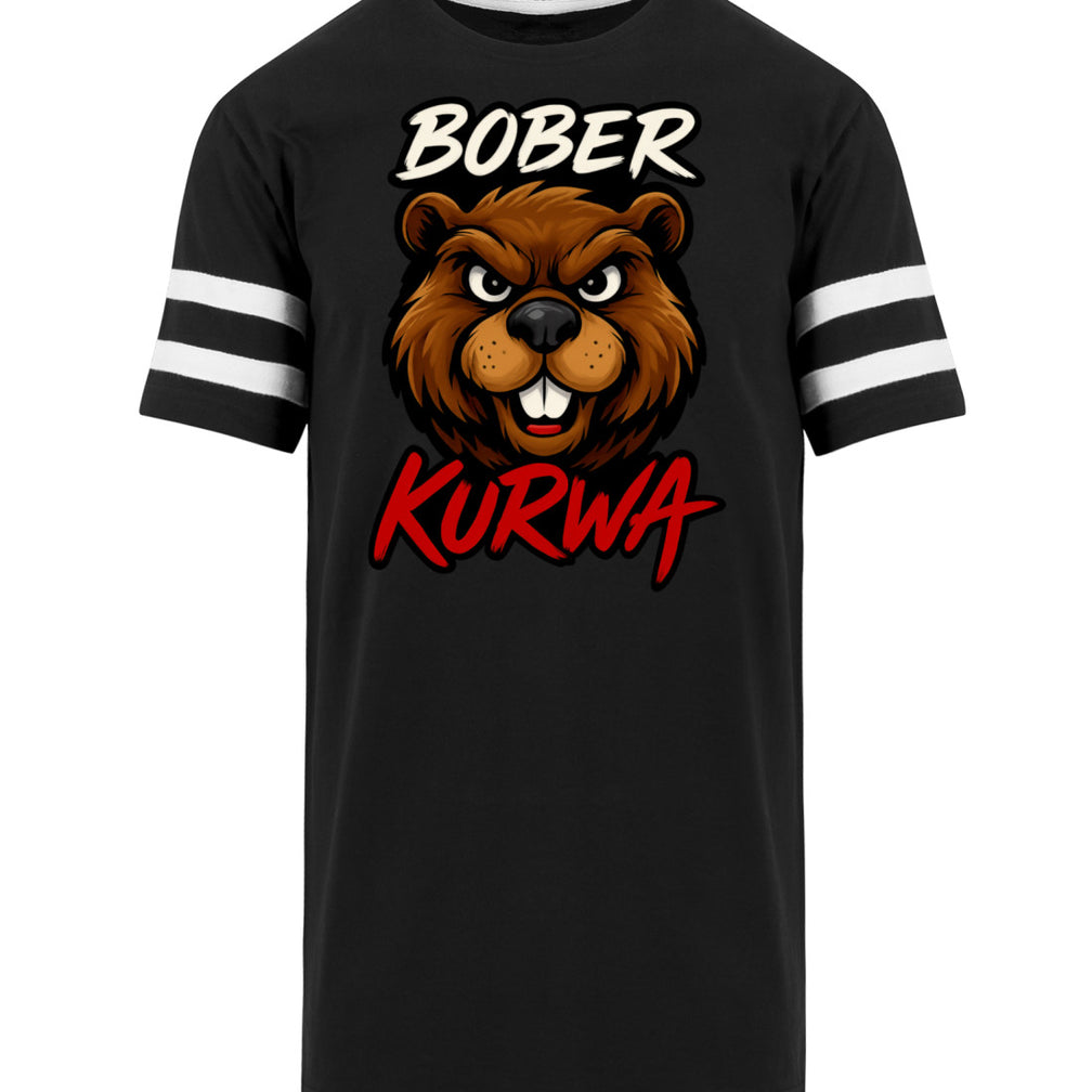 Schwarzes College T-Shirt mit weißen Ärmelstreifen und Bober Kurwa Biber Frontprint