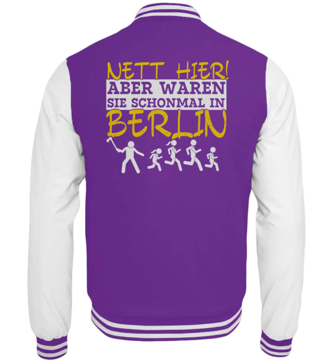 Lila-weiße Collegejacke mit Berlin-Spruch und weißem Ärmelkontrast