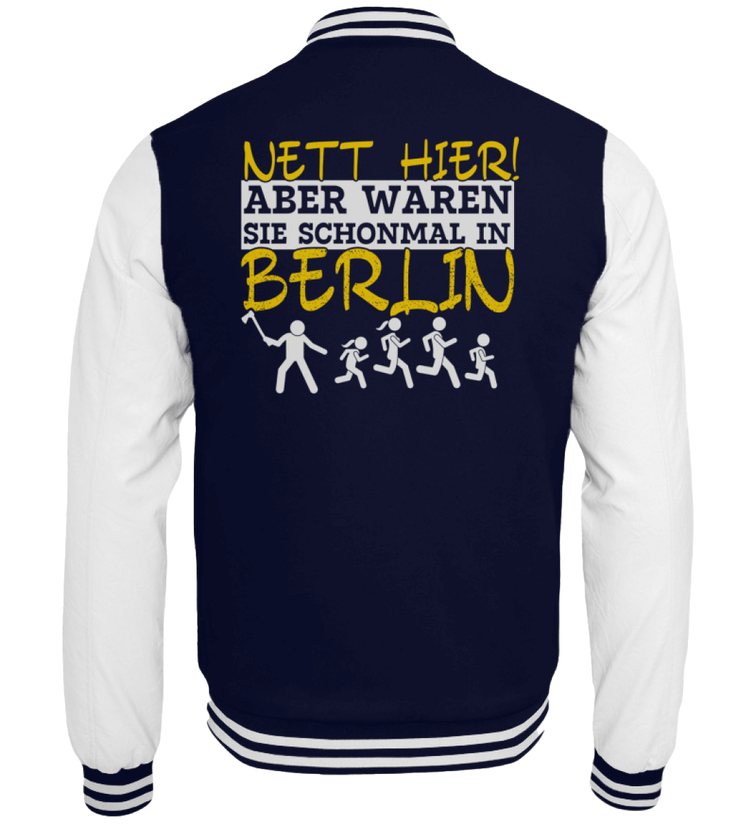 Navy-weiße Collegejacke mit gelbem Berlin-Spruch und Laufsilhouetten auf dem Rücken