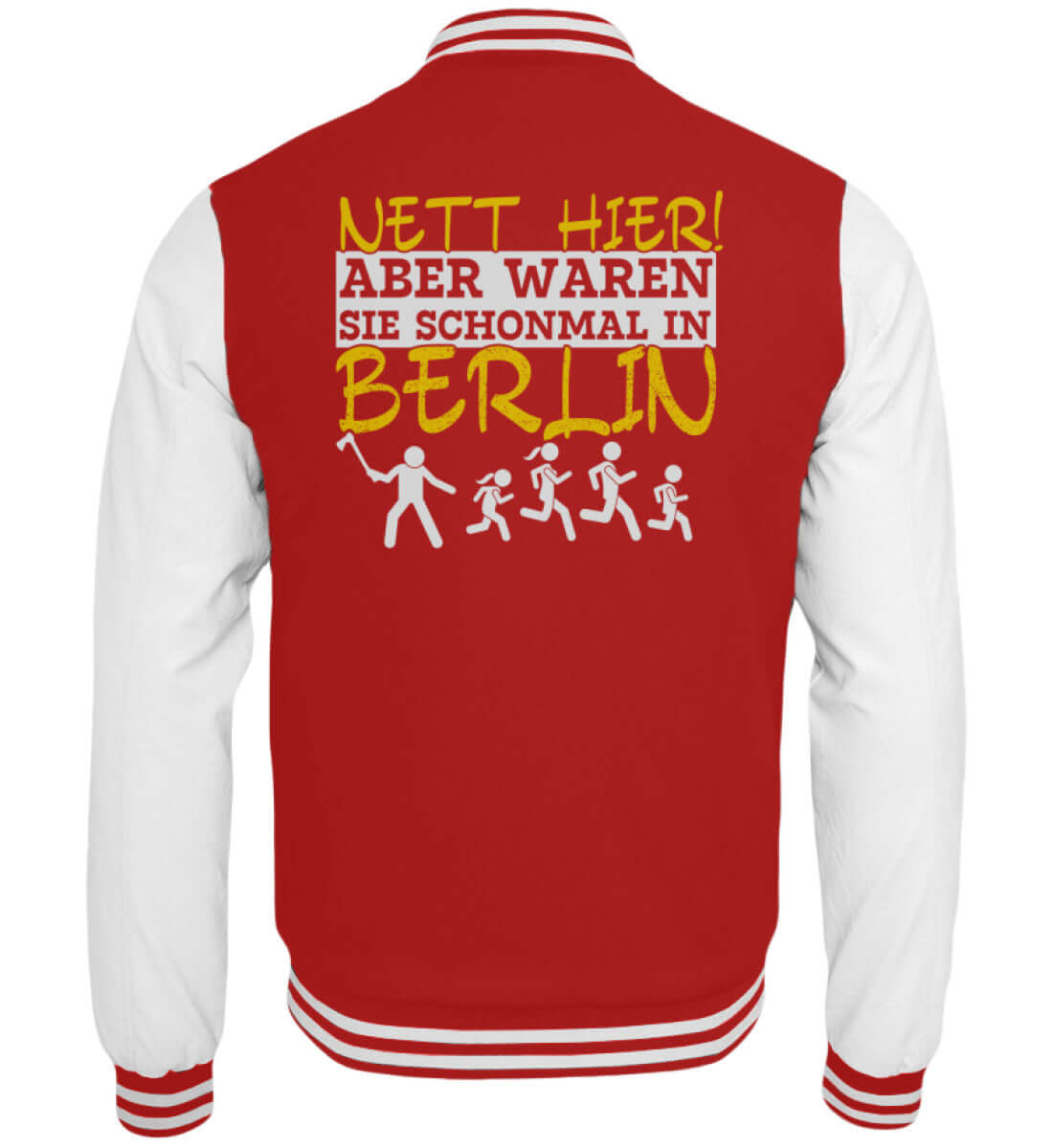 Rote Collegejacke mit weißem Berlin-Motiv im Rückenbereich und auffälligem Style