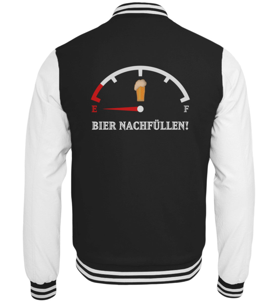 Schwarze Collegejacke mit leerem Bierglas im Tacho-Stil und Aufschrift Bier nachfüllen