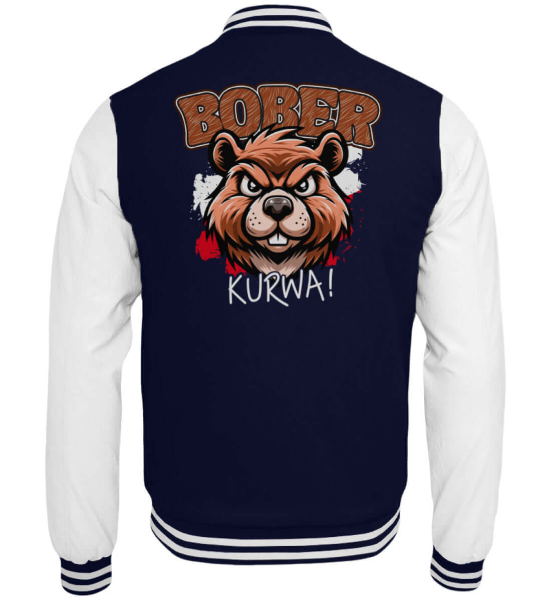 Navy-weiße Collegejacke mit auffälligem Biberkopf und polnischem Spruch Bober Kurwa