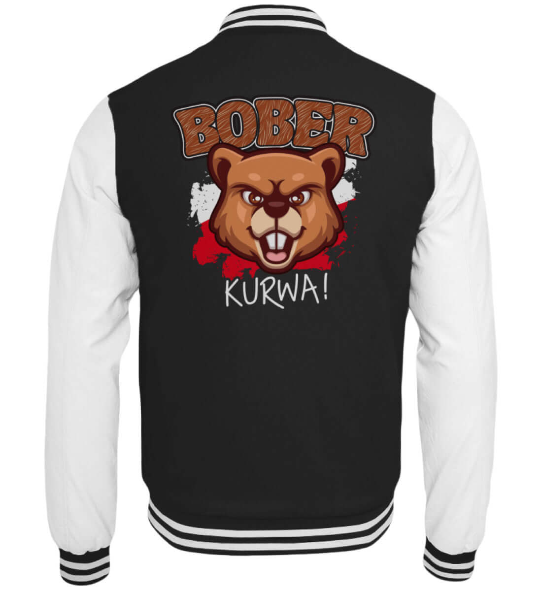 Schwarze Collegejacke mit frechem Biberkopf und großem Schriftzug Bober Kurwa auf grauem Hintergrund