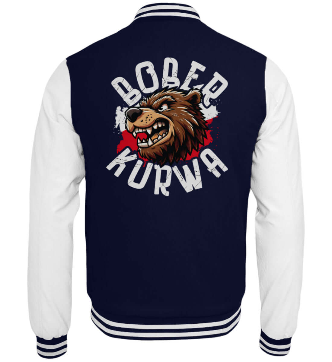 Navy-weiße Collegejacke mit aggressivem Bober Kurwa Design und roten Kratzspuren