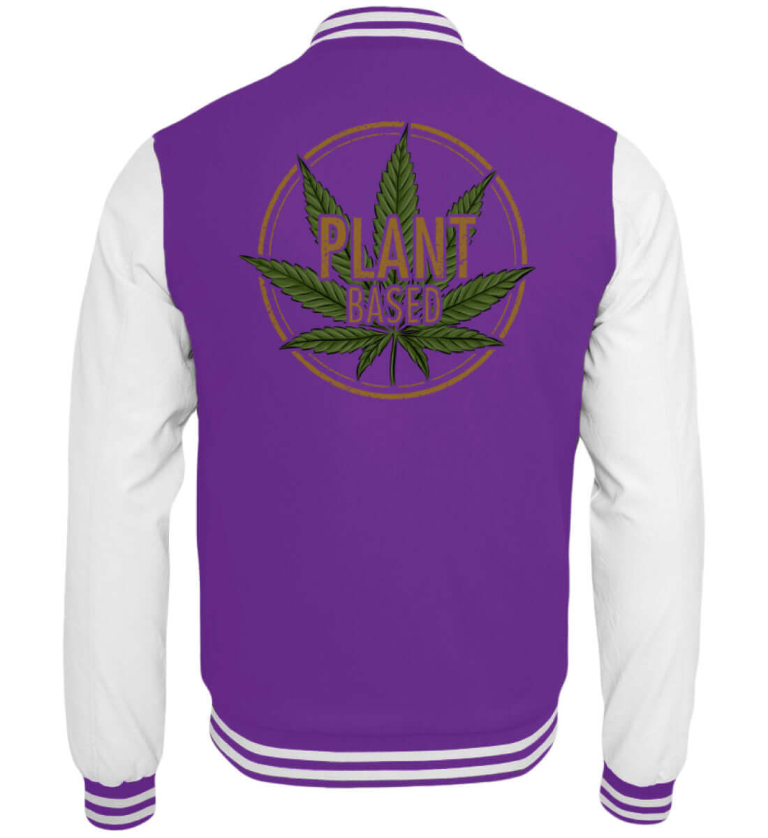 Lila Collegejacke mit auffälligem Cannabis-Print im Retro-Stil