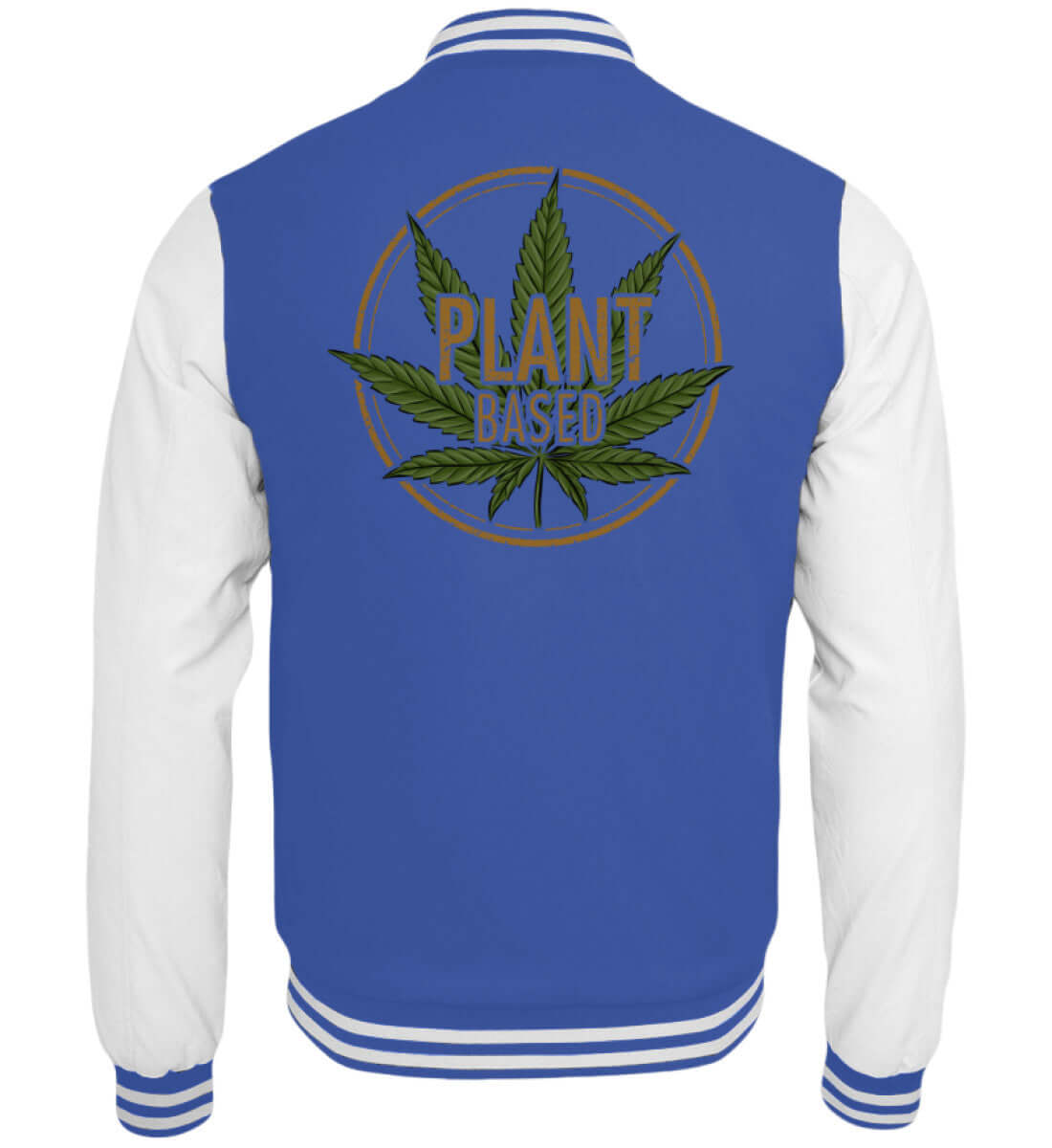 Royalblaue Collegejacke mit großem Hanfblatt und veganem Statement