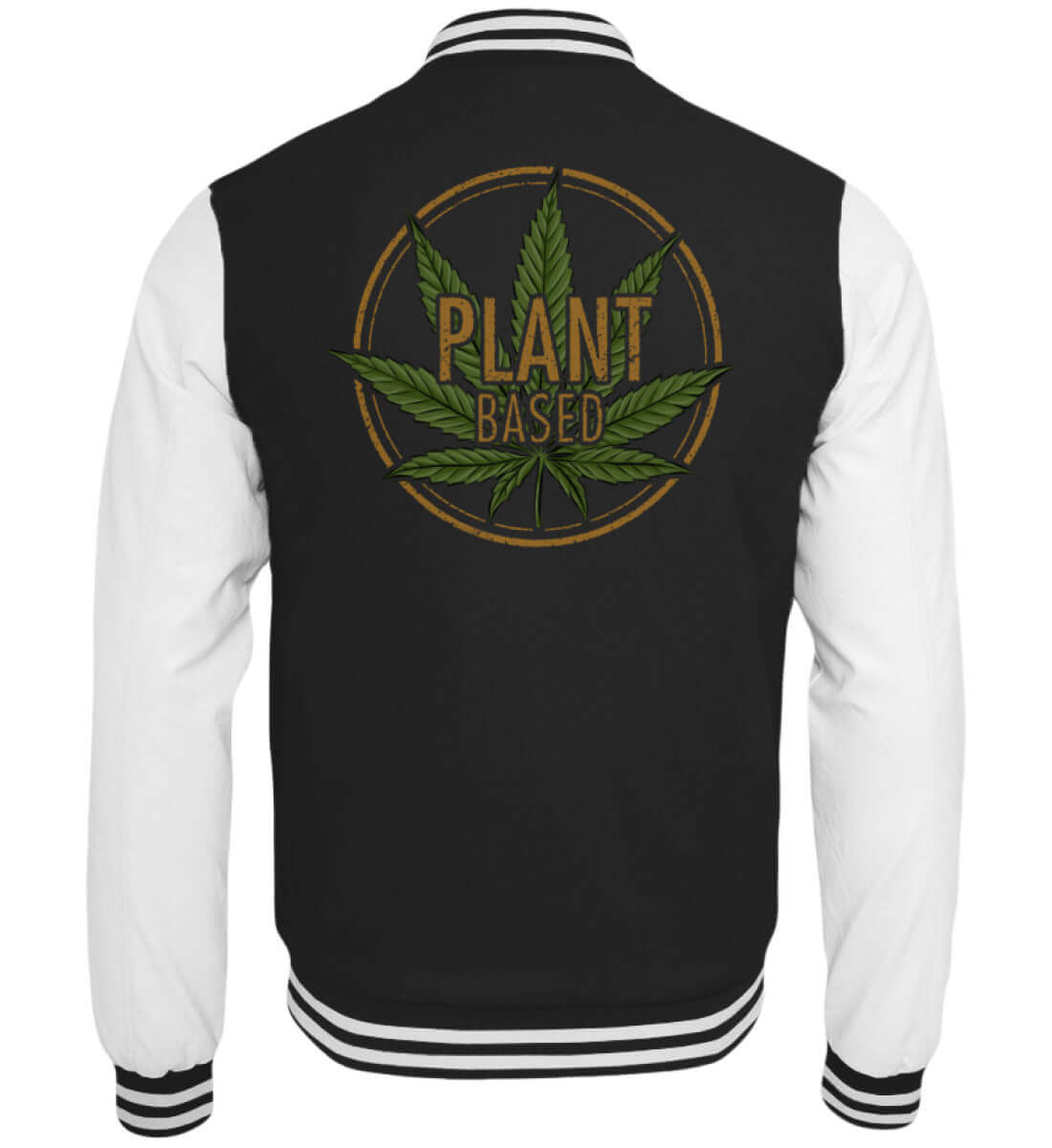Schwarze Collegejacke mit Hanfblatt und Schriftzug „Plant Based“