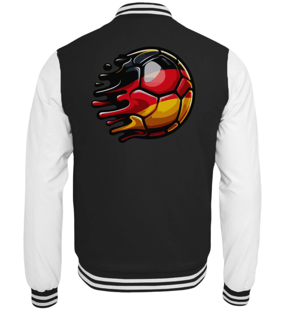 Schwarze Collegejacke mit dynamischem Fußball-Design in Deutschlandfarben