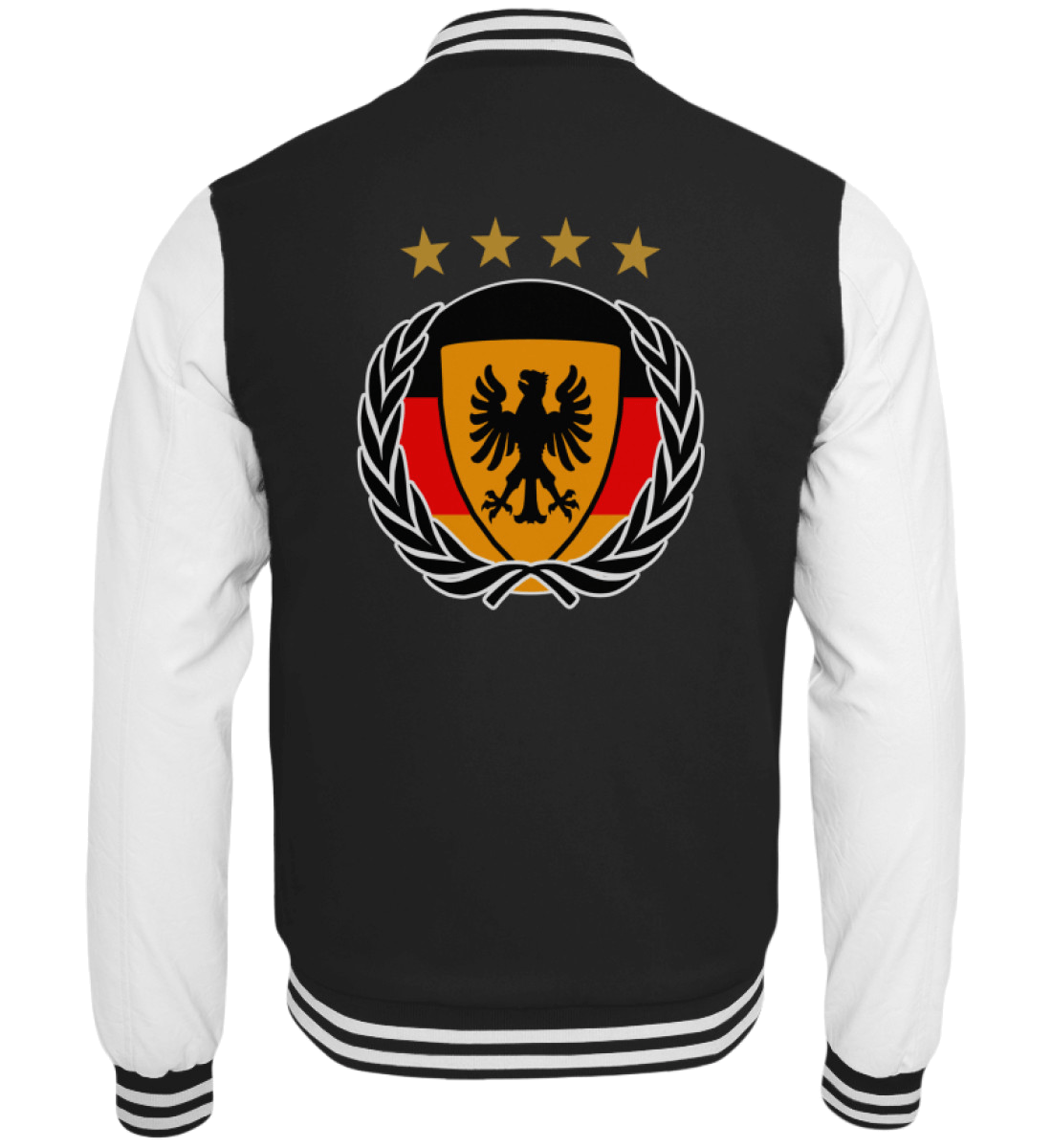 Schwarze Collegejacke mit Fußball-Wappen in Deutschlandfarben und vier Sternen