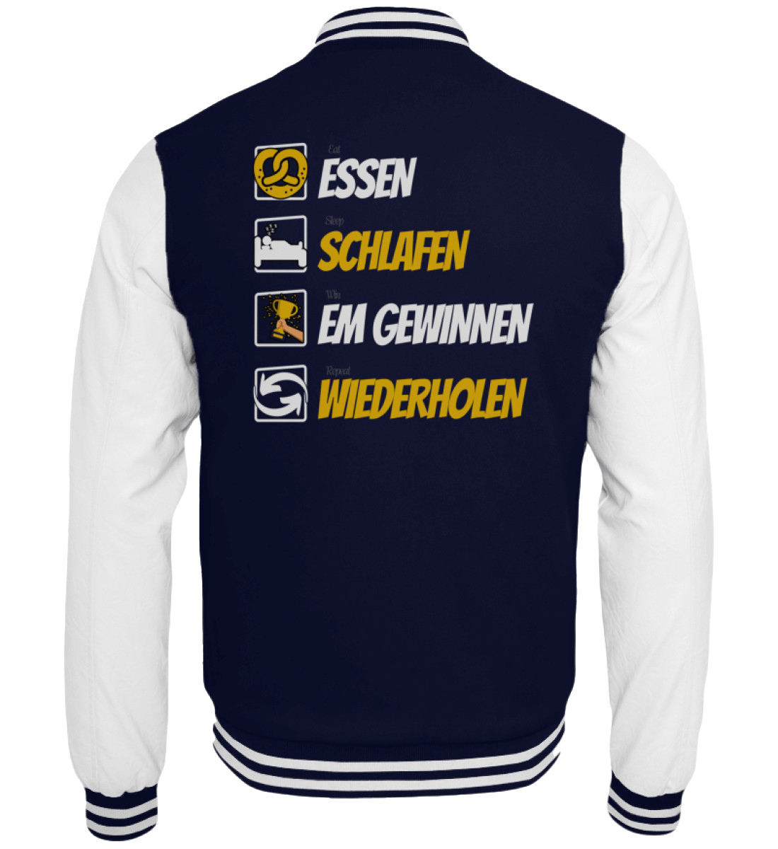 Navy-weiße Collegejacke mit Aufdruck Essen Schlafen EM gewinnen Wiederholen in Gelb und Weiß