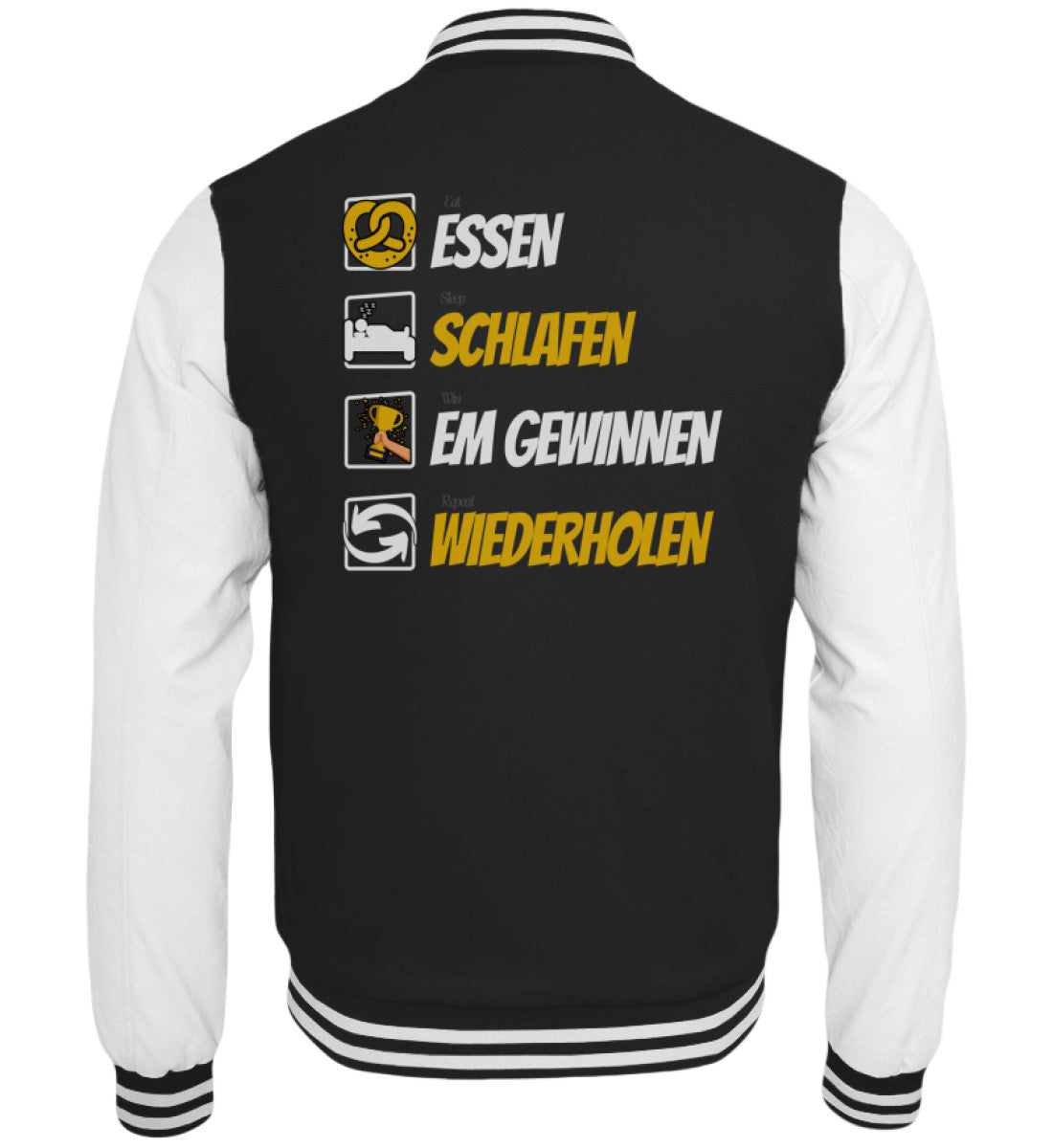 Schwarze Collegejacke mit EM-Motiv und vierstufigem Tagesplan für Fußballfans