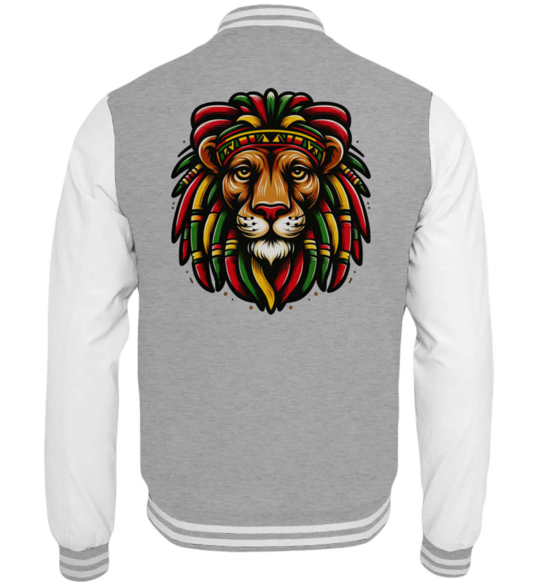 Graue Collegejacke mit ikonischem Rasta-Löwen und kräftigen Farben