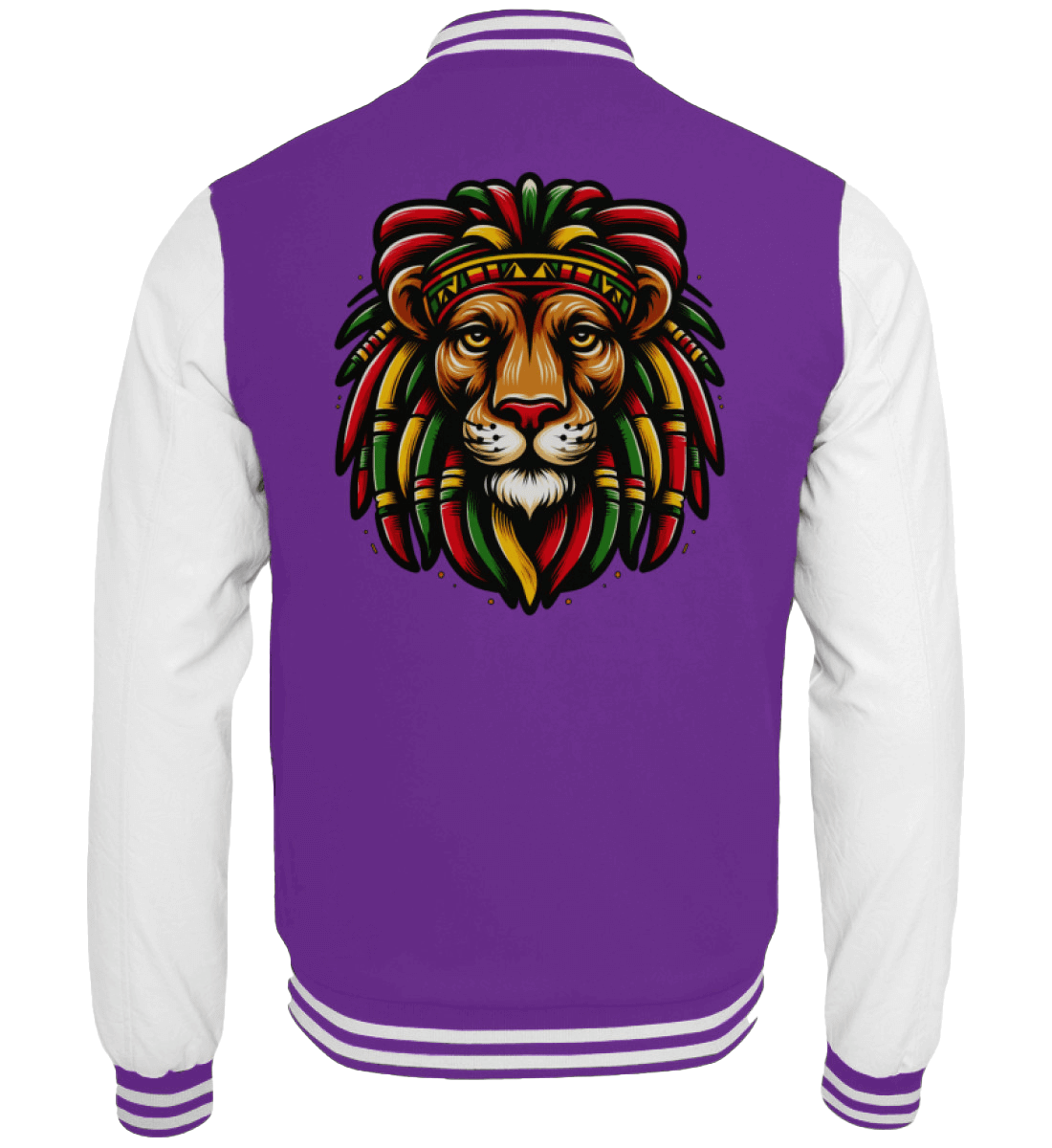 Lila Collegejacke mit bunter Löwenstickerei im Reggae-Stil auf dem Rücken