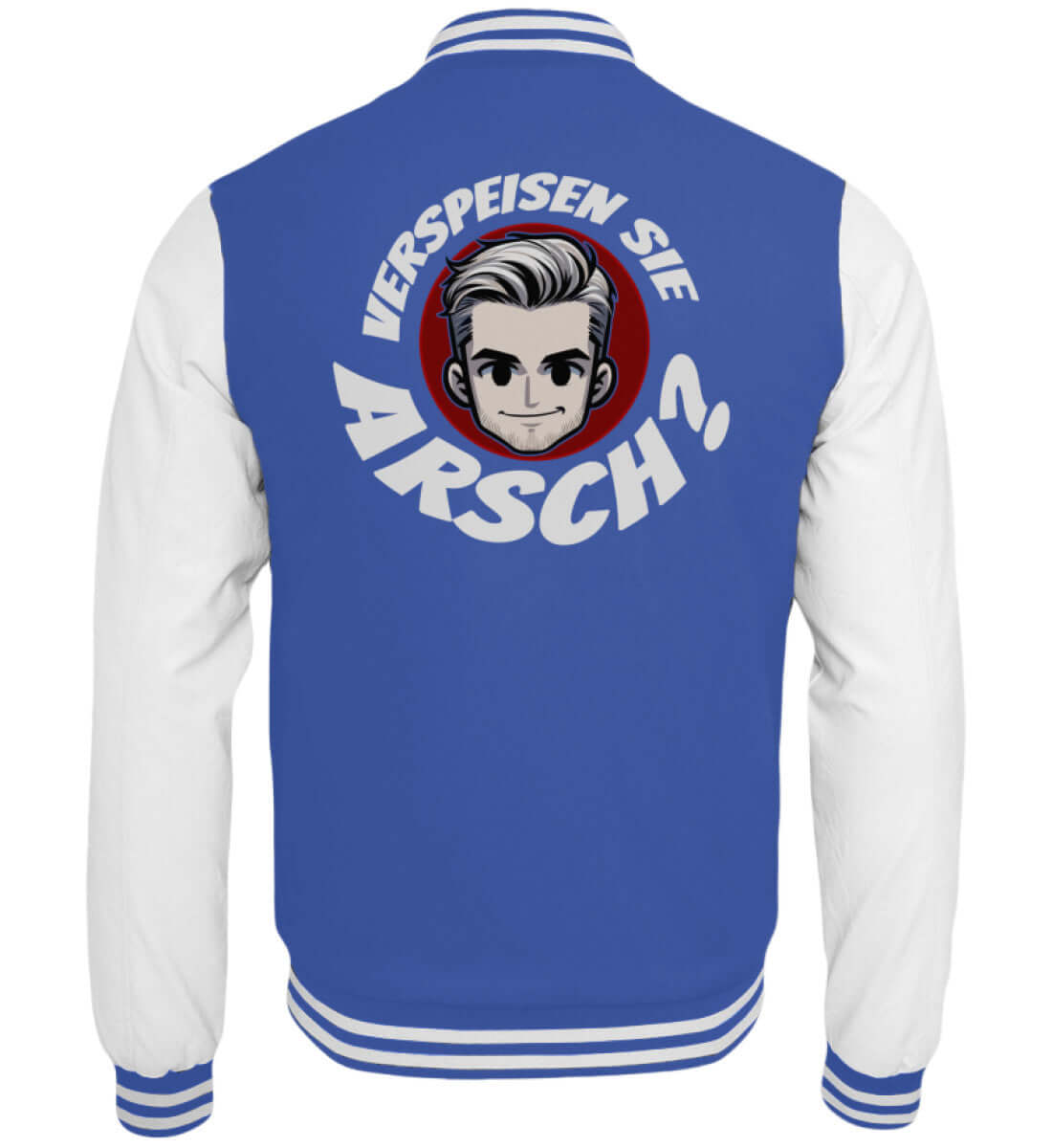 Blaue Collegejacke mit witzigem Rückenmotiv Verspeisen Sie Arsch