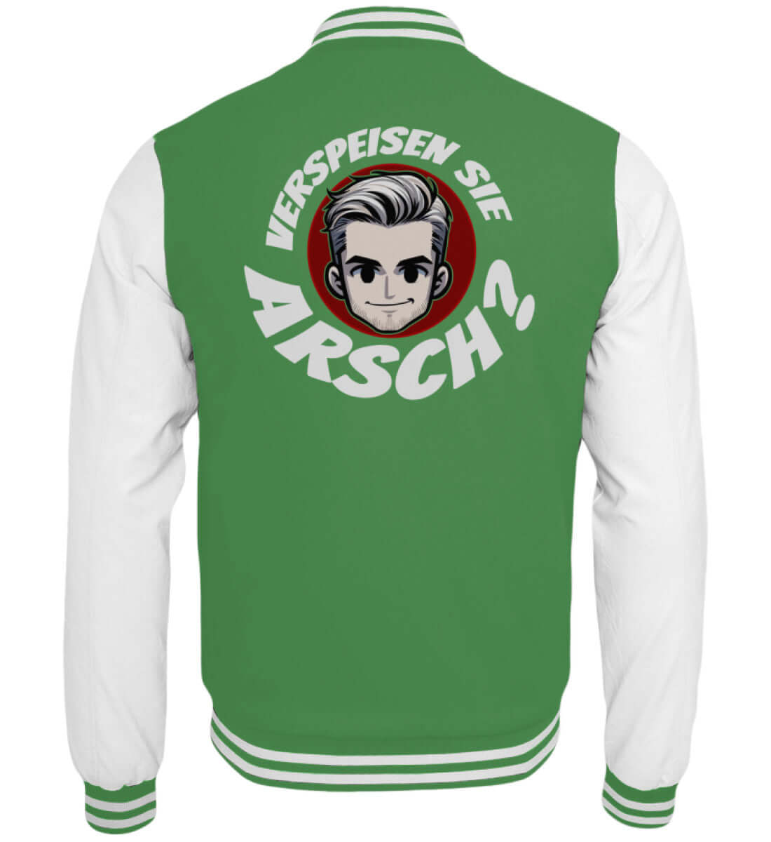 Grüne Collegejacke mit frecher Aussage und stylisiertem Charakter