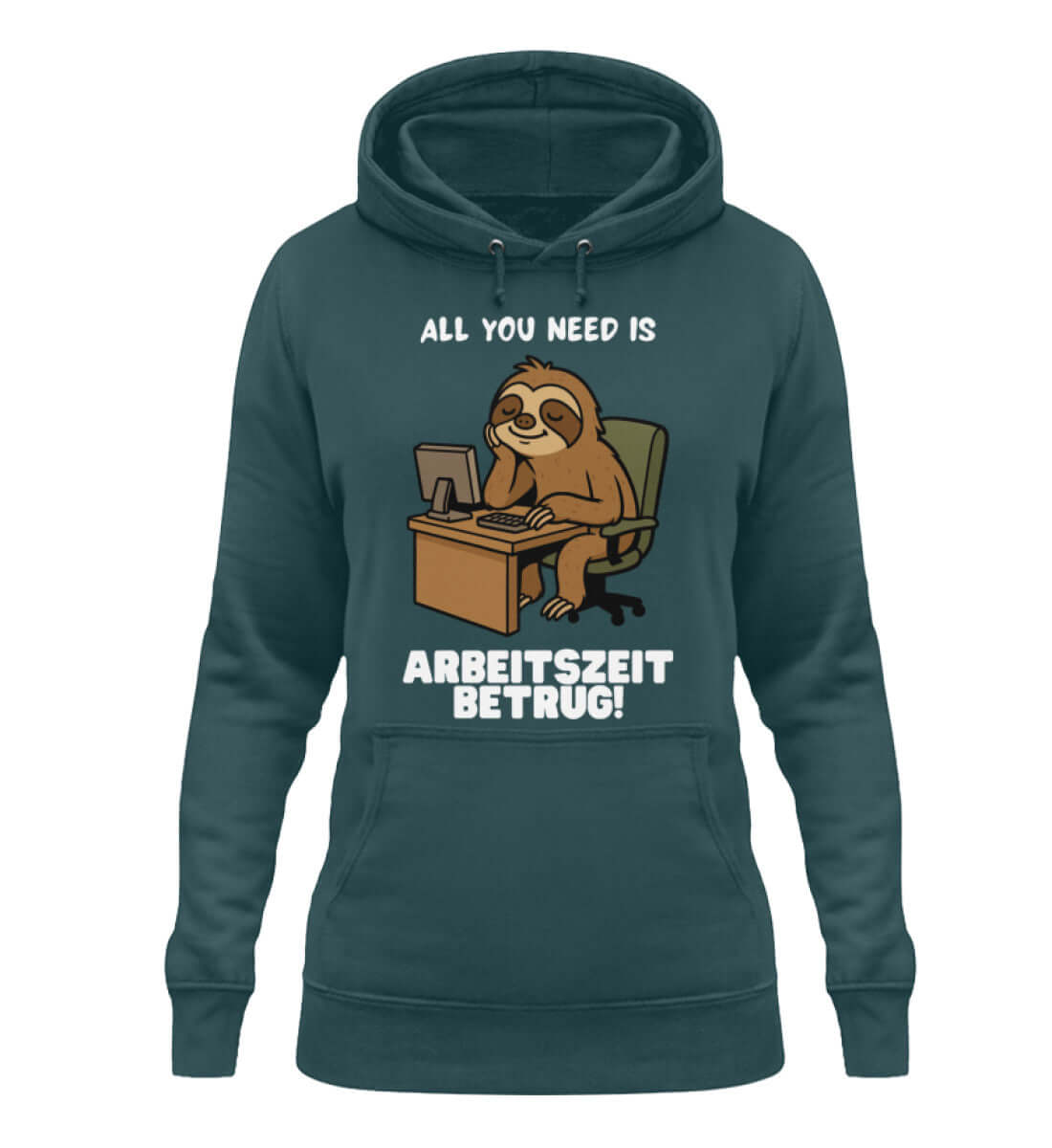 Petrolfarbener Damen Hoodie mit lustigem Faultier-Motiv am Schreibtisch