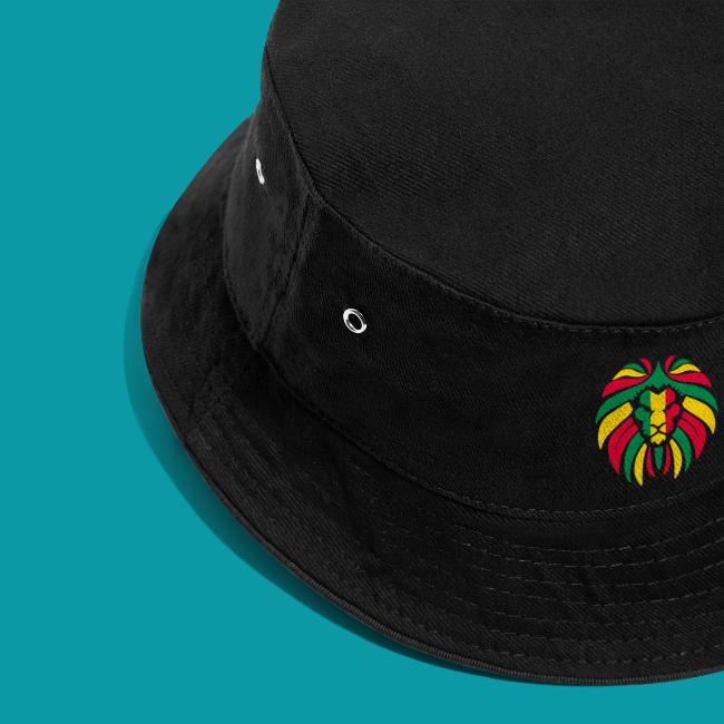 Reggae Fischerhut – Unisex Bucket Hat in black with colorful lion logo, produced in Germany for quality and comfort.