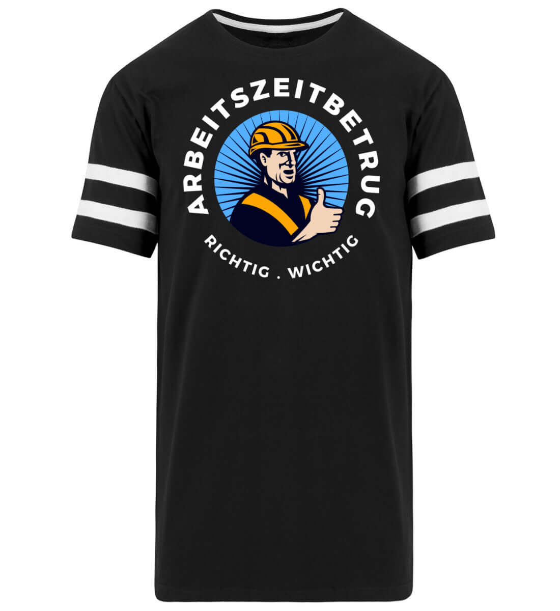 Schwarzes Footballshirt mit weißen Streifen und Aufdruck Arbeitszeitbetrug

