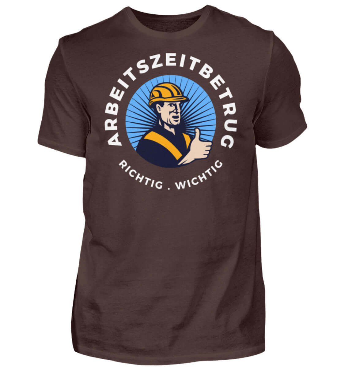 Braunes T-Shirt mit humorvollem Bürodesign zum Thema Arbeitszeit

