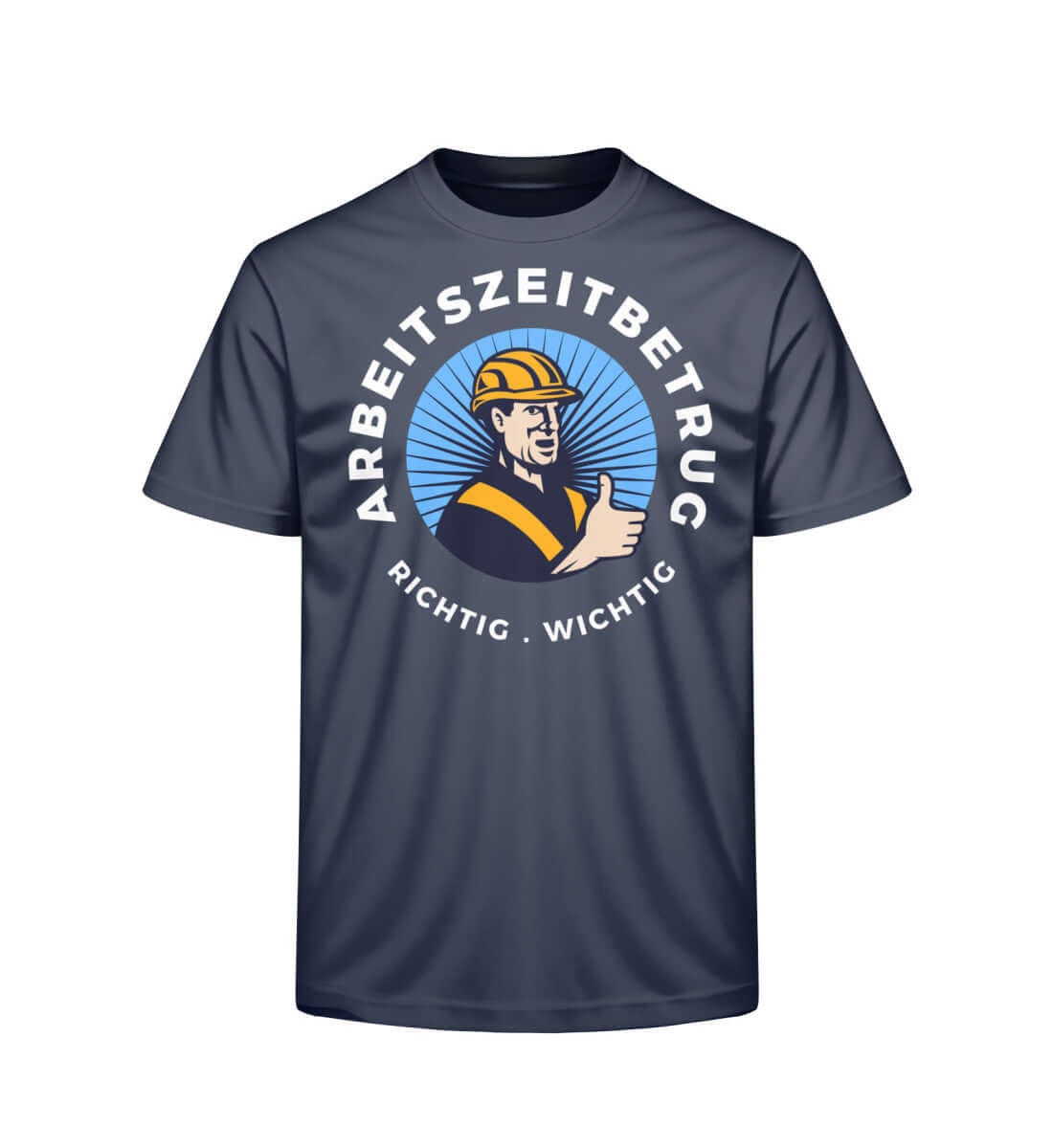 Navyblaues Unisex T-Shirt mit humorvollem Arbeitszeitbetrug-Motiv

