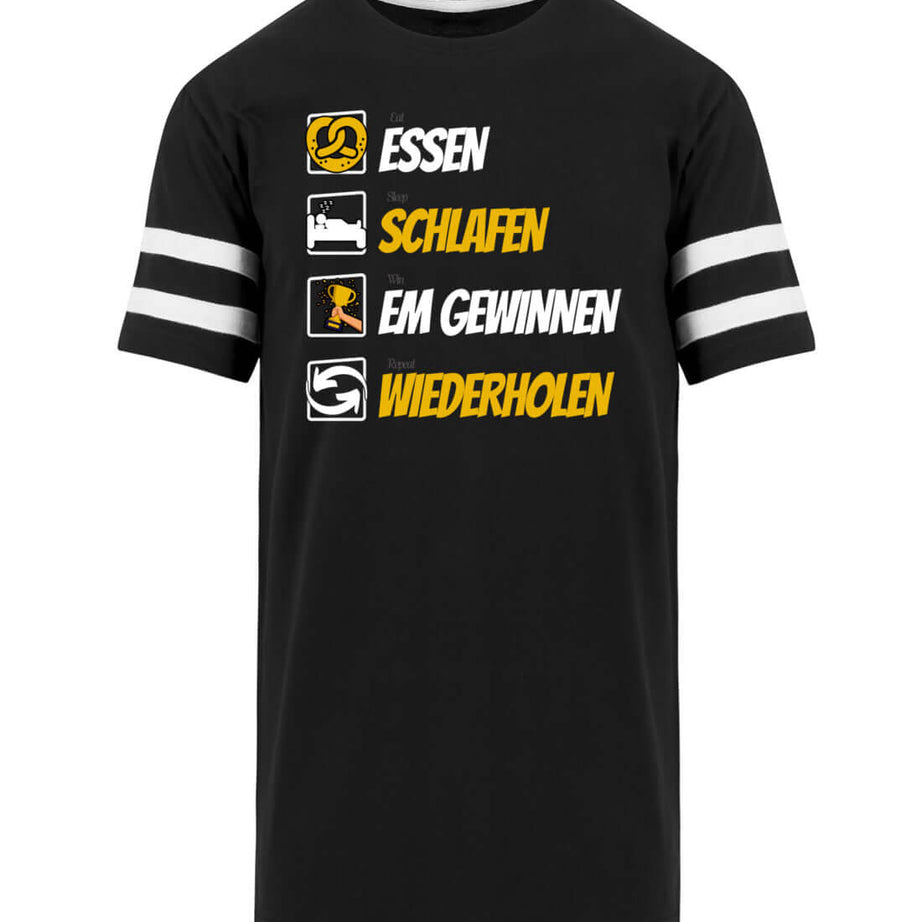 Deutschland Fan Shirt Herren – Long Tee mit Kontraststreifen in schwarz, Slogan-Design mit Icons.
