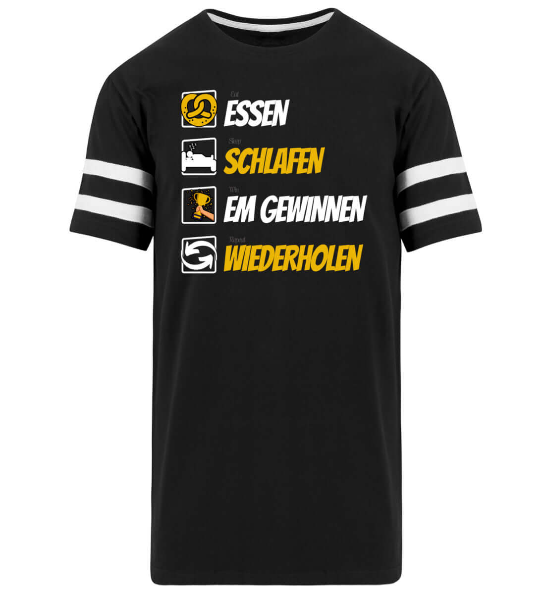 Deutschland Fan Shirt Herren – Long Tee mit Kontraststreifen in schwarz, Slogan-Design mit Icons.