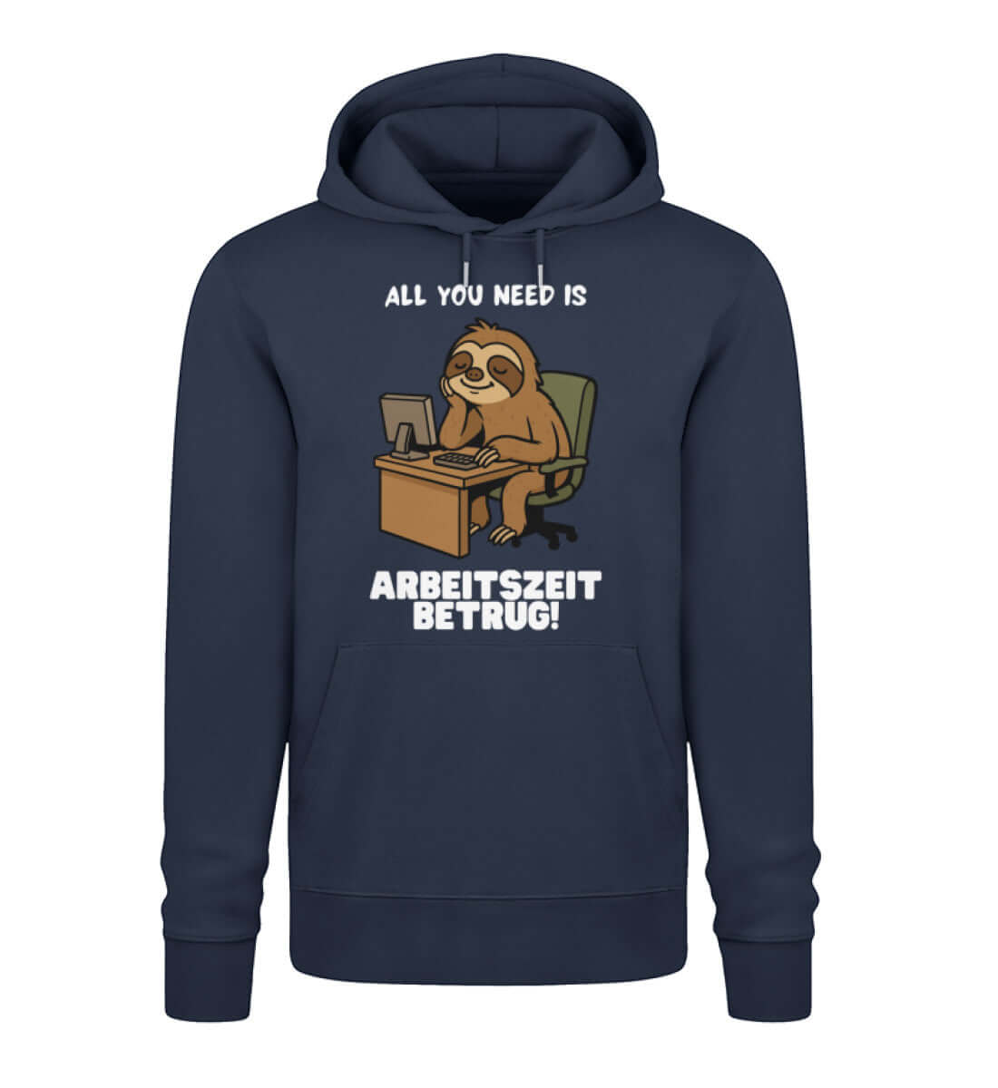 Dunkelblauer Hoodie mit Büro-Faultier und Spruch für Faulenzer

