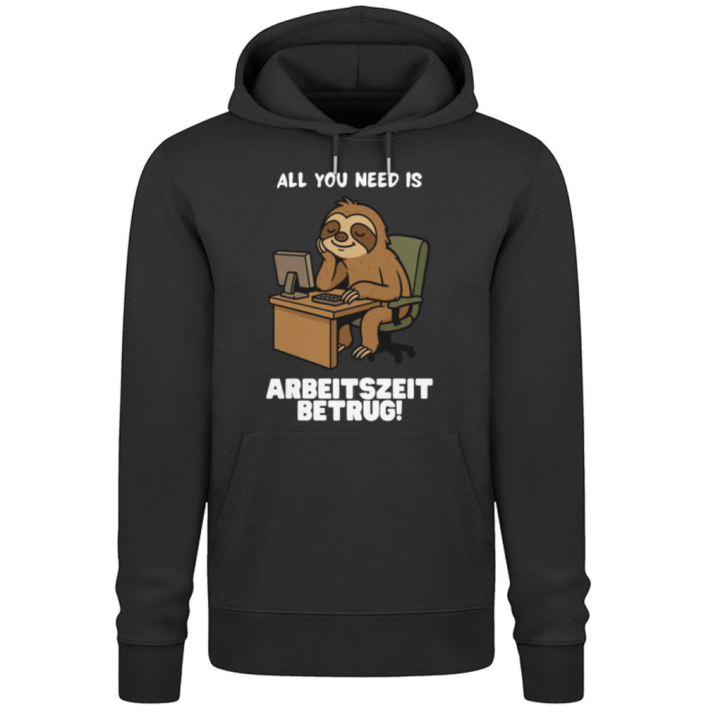 Schwarzer Hoodie mit lustigem Faultier und Arbeitszeitbetrug-Spruch

