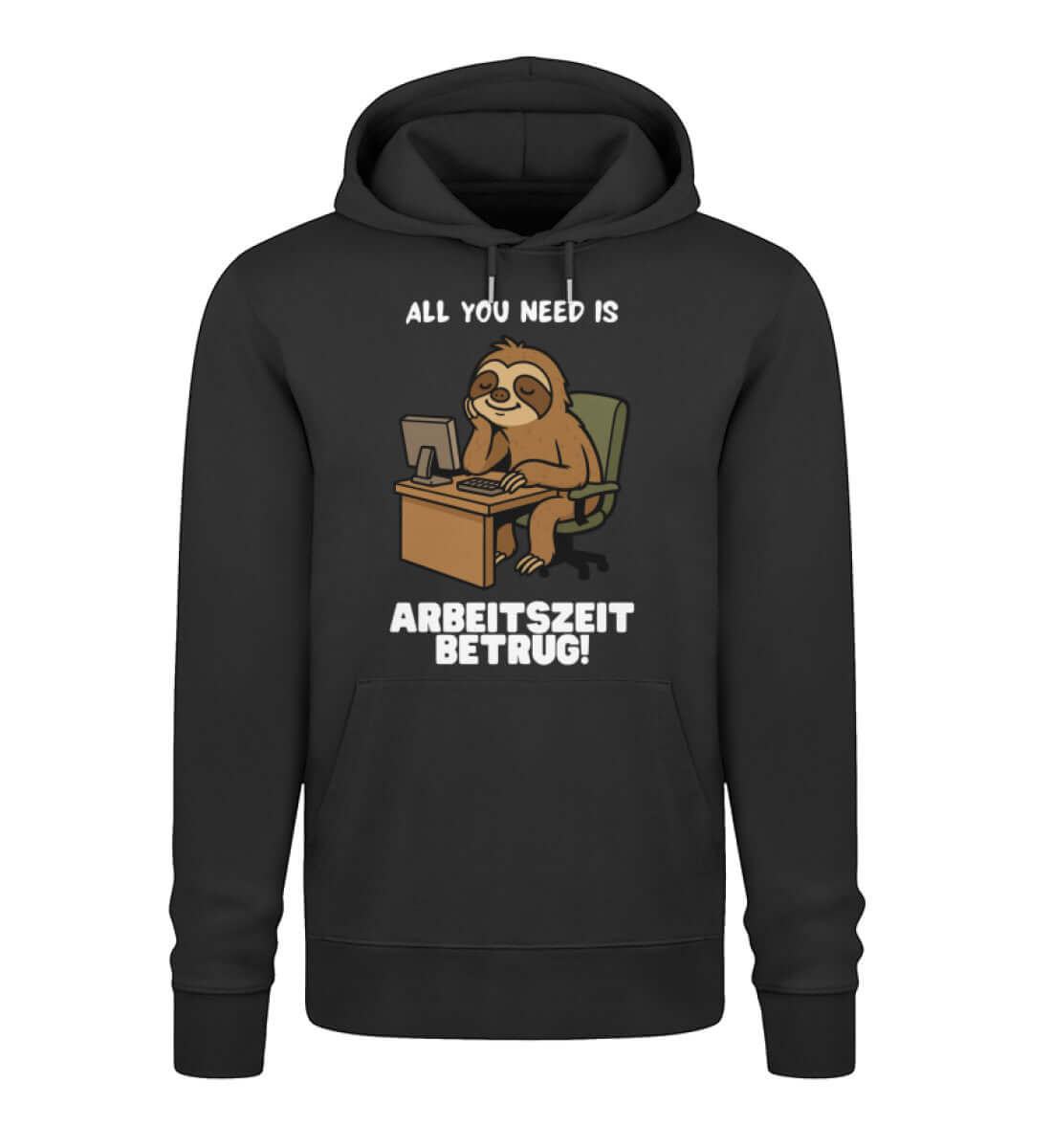 Schwarzer Hoodie mit lustigem Faultier und Arbeitszeitbetrug-Spruch

