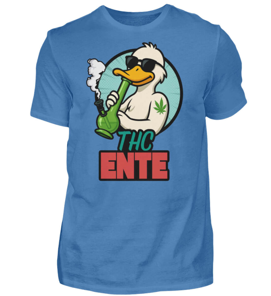 Blaues Herren Shirt mit lustigem Entenmotiv im Marihuana Stil
