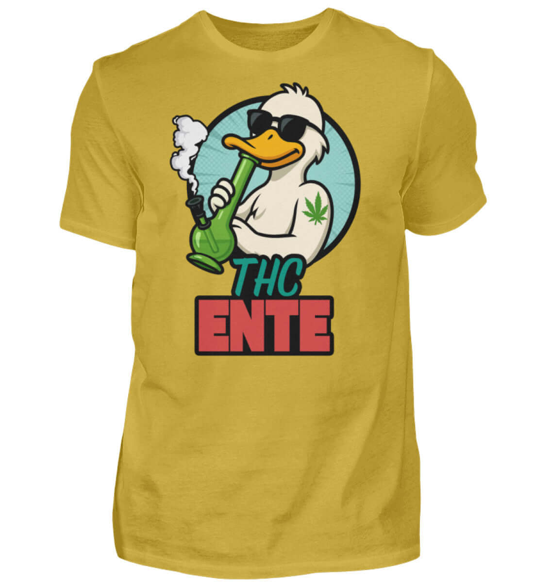 Gelbes Herren T-Shirt mit THC Motiv und entspannter Ente