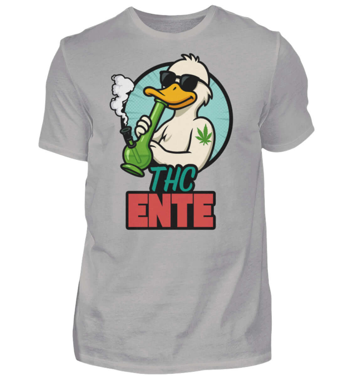 Hellgraues Shirt mit kiffender Comicente und breitem Grinsen