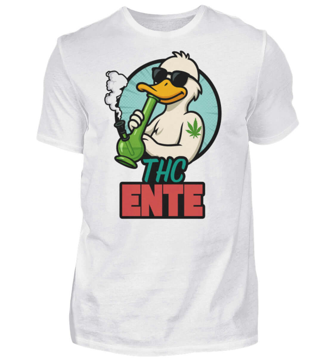 Weißes Herren T-Shirt mit kiffender Comic-Ente und großem THC Ente Schriftzug