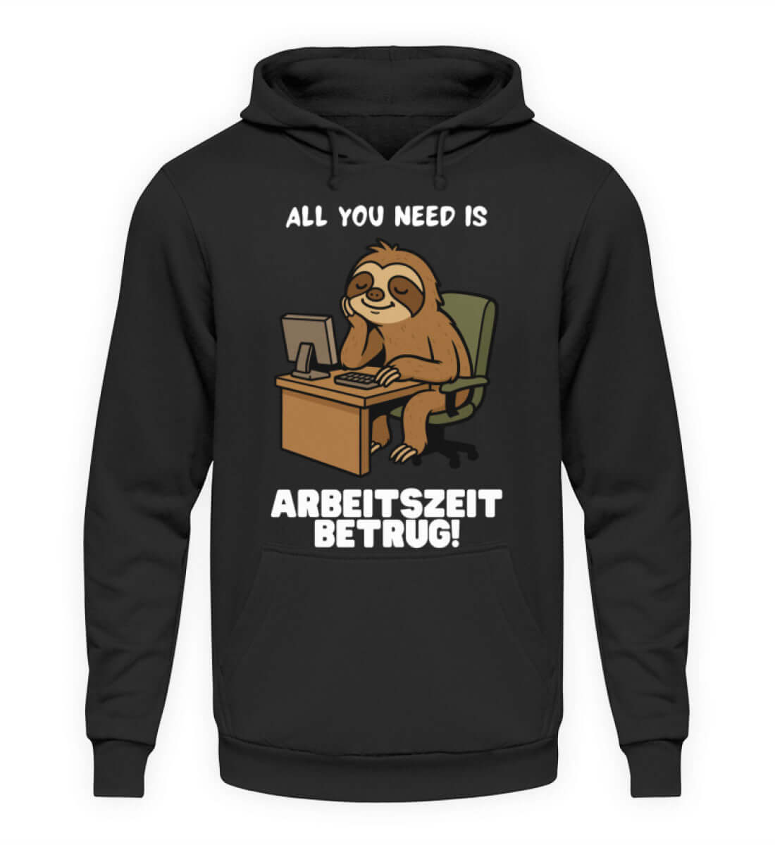 Schwarzer Hoodie mit lustigem Faultier und dem Spruch Arbeitszeitbetrug

