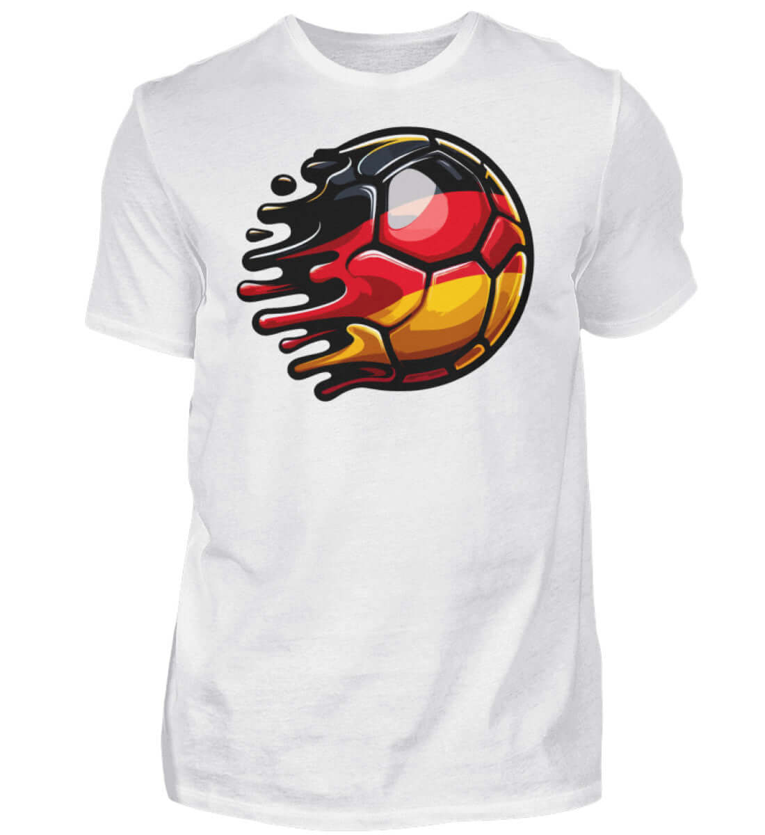 Deutschland Fußball Fan T-Shirt mit kreativem Ball-Design in Schwarz, Rot und Gold.