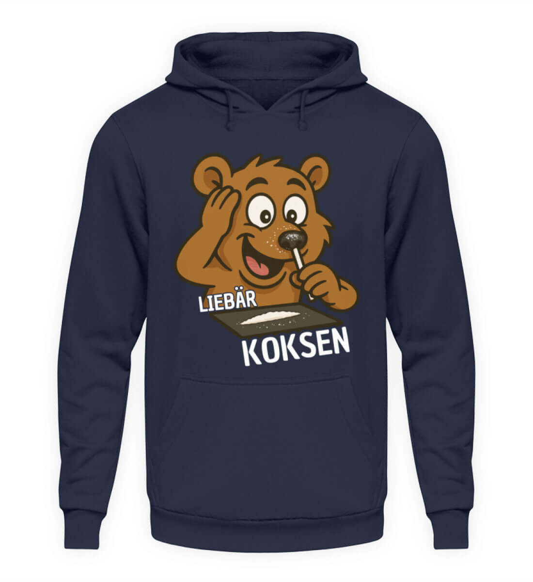 LIEBÄR KOKSEN Herren Hoody mit frechem Partybär-Motiv in navy, perfekt für wilde Nächte und Trinkspiele.