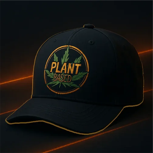 Schwarze Cap mit gesticktem Plant-Based-Motiv und Hanfblatt – vegane Streetwear-Statementmütze aus der Pixdesign Kollektion