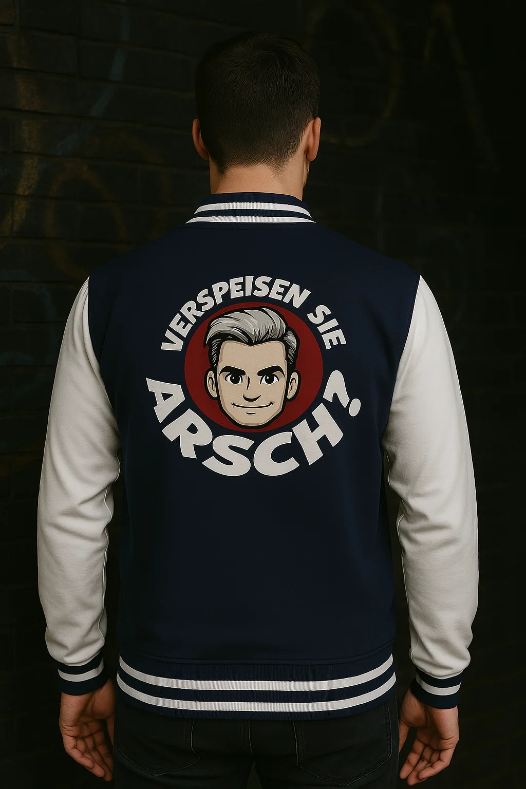 Humorvolle Collegejacke mit frecher Rückengrafik – auffälliges Designstück aus der satirischen Kollektion von Pixdesign
