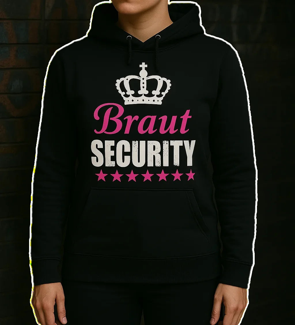 Schwarzer Damen Hoodie mit Braut Security Aufdruck – ideal für Junggesellinnenabschiede, getragenes Mockup aus dem Pixdesign Shop