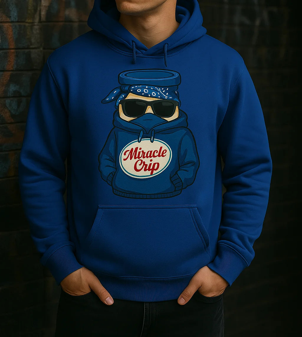 Blauer Herren Hoodie mit Miracle Crip Motiv – urbanes Mockup im Streetstyle für den Pixdesign Online-Shop