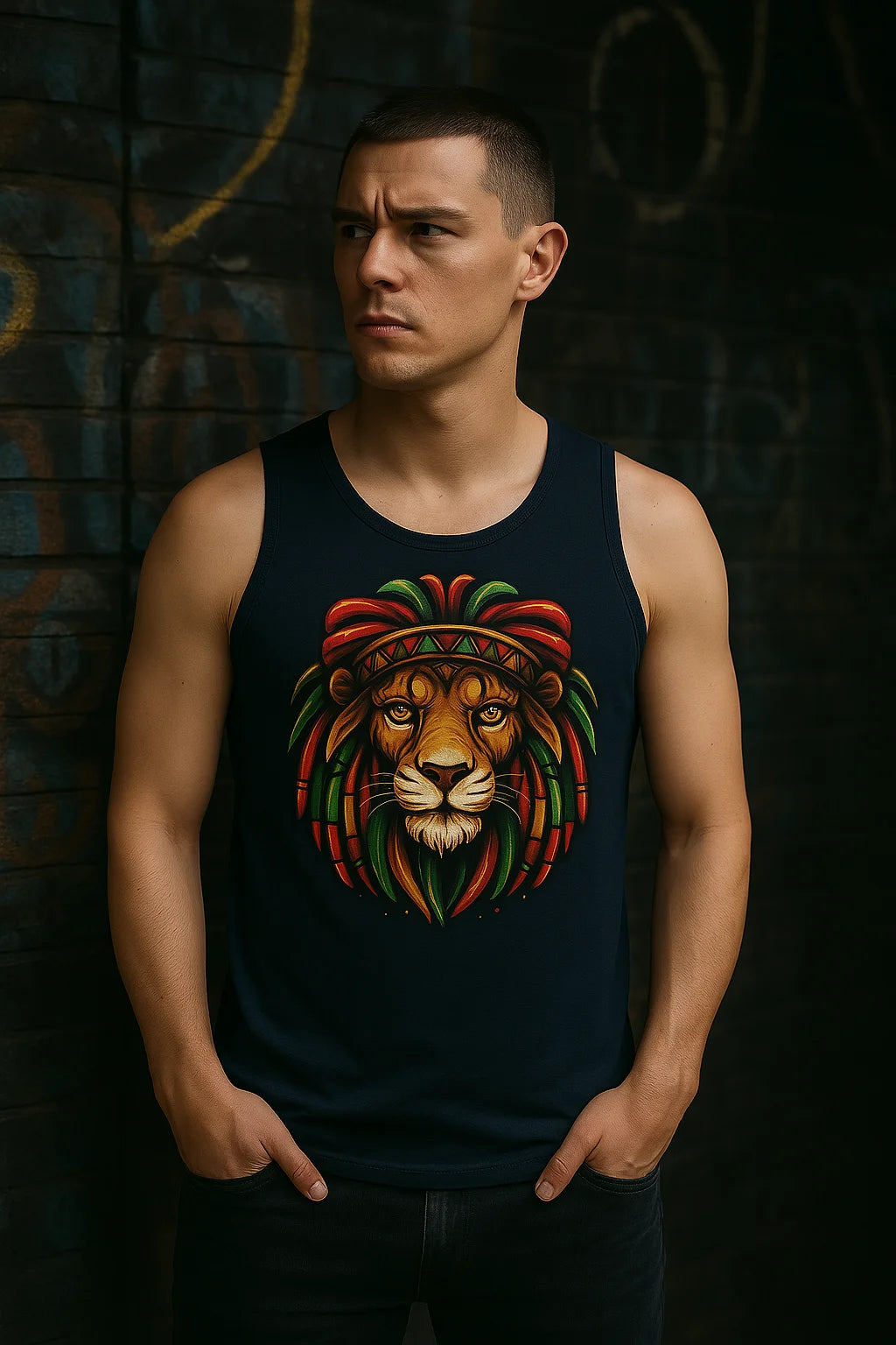 Ausdrucksstarkes Herren Tanktop mit Löwen-Design im Rastafari-Stil – sommerliches Streetwear-Piece aus der Pixdesign Kollektion