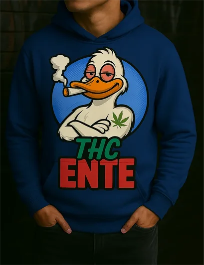 Blauer Hoodie mit kiffender Cartoon-Ente und Hanfblatt – witzige Streetwear für Cannabis-Fans aus der Pixdesign Kollektion