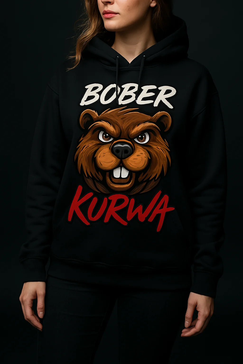 Pixdesign präsentiert einen schwarzen Hoodie im Streetwear-Stil mit auffälligem Frontprint. Das Motiv zeigt einen grimmig dreinblickenden Biber im Comic-Look, kombiniert mit dem weißen Schriftzug BOBER und dem provokanten roten Text KURWA. Das Design verbindet frechen Humor mit urbaner Attitüde und ist ein echter Blickfang für alle, die Statements setzen wollen.