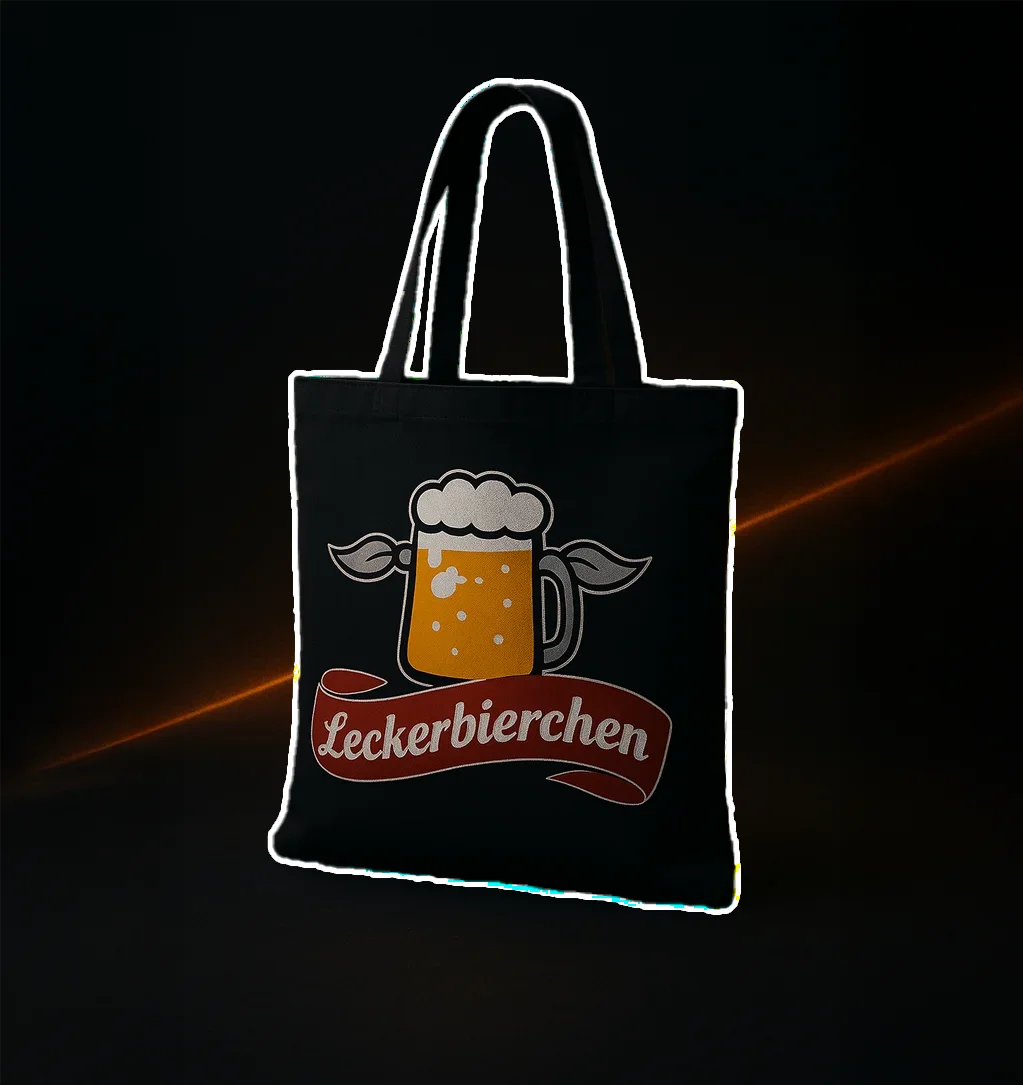 Schwarze Stofftasche mit Leckerbierchen Bierkrug-Motiv – witziges Design für Einkäufe, Festivals und den Alltag, aus dem Pixdesign-Shop